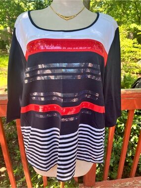 ONQUE CASUAL Navy White Red Sequin Tunic Top Plus Size 2X Glam